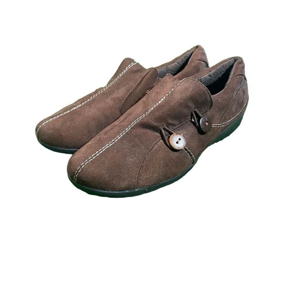 Classique Women's Brown Faux Suede Slip-On Shoes with Button Detail Size 7M